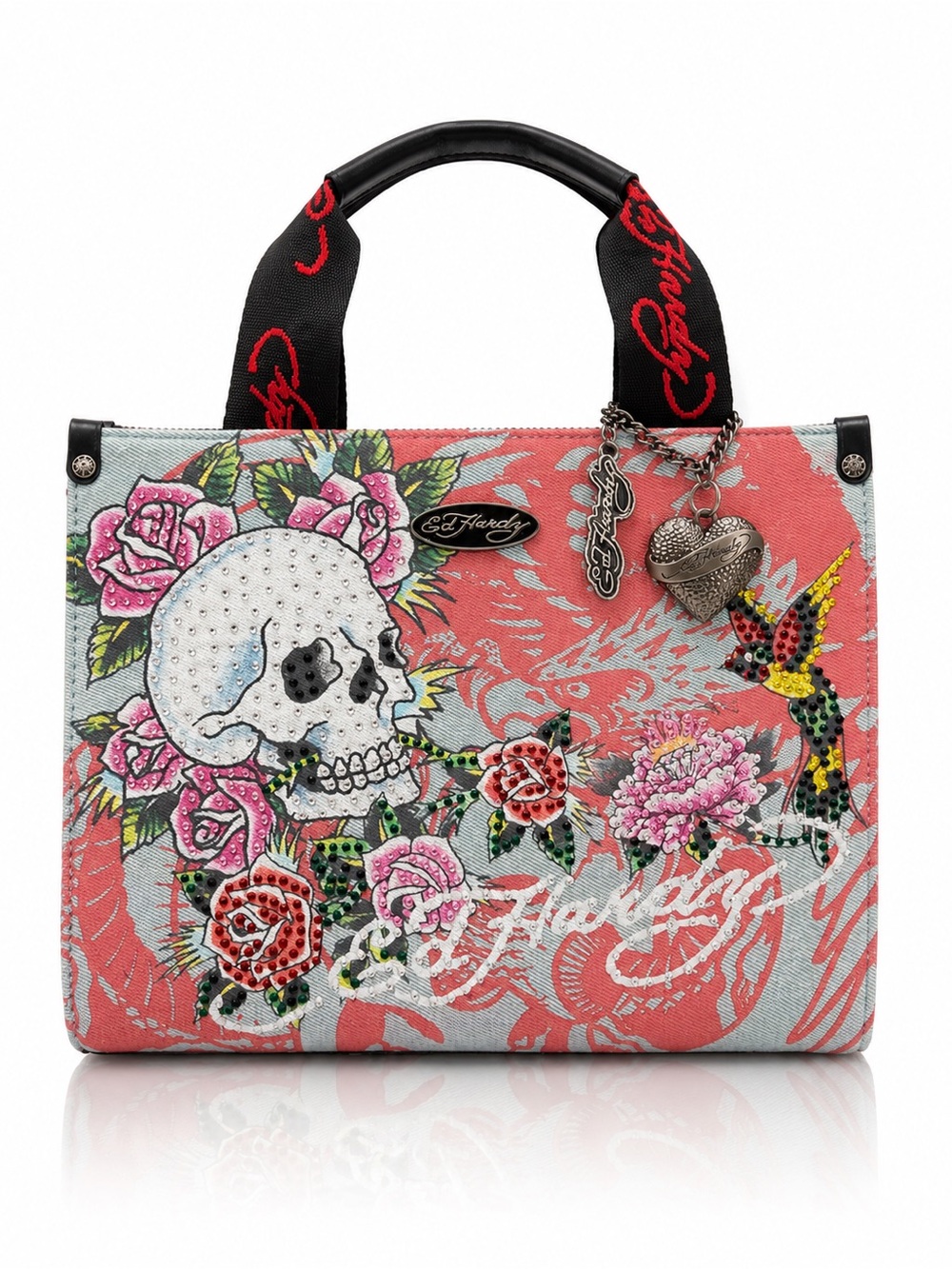 Ed Hardy Coral & Black Skull and Roses Embellished Tote